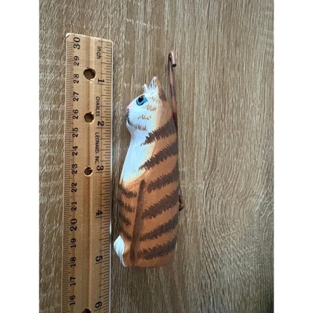 Hand-Carved‎ Wooden Cat Figurine - Whimsical Folk Art Decor - Long Tail Striped
